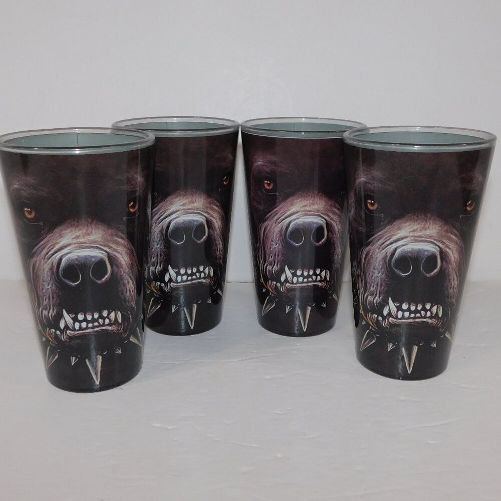 Set 4  Zombie Angry Pitbull Dog Drinking Glasses Tumblers Funky Mountain 5.75"